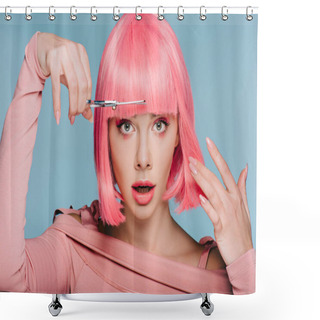 Personality  Shocked Stylish Girl Cutting Pink Hair With Scissors Isolated On Blue Shower Curtains