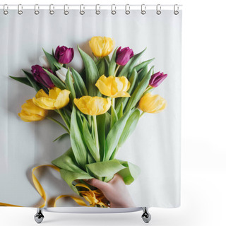 Personality  Cropped View Of Person Holding Bouquet Of Spring Tulips For International Womens Day Shower Curtains