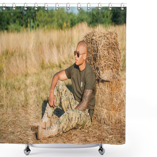 Personality  Young African American Soldier In Military Uniform And Sunglasses Resting Near Hay On Range Shower Curtains