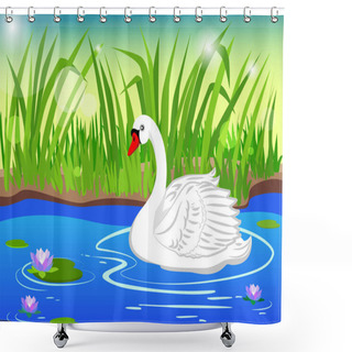 Personality  White Swan. Lake With Beautiful Water Lilies. Shower Curtains