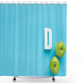 Personality  Top View Of Ripe Green Apples And Letter D On Blue Background Shower Curtains