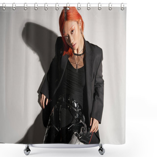 Personality  Top View Of Asian Woman With Red Hair Posing In Bold Attire On Grey Background, Black Latex Shower Curtains