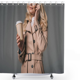 Personality  Woman In Trench Coat Talking By Phone Shower Curtains