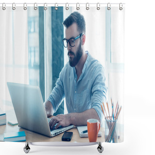 Personality  Beard Man Working On Laptop Shower Curtains