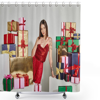 Personality  Beautiful Woman With Tattoos Posing Next To Presents With Hand On Chest, Holiday Gifts Concept Shower Curtains