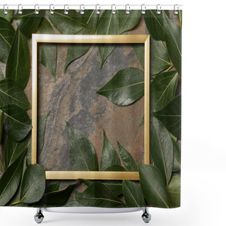 Personality  Top View Of Golden Frame On Stone Background With Copy Space And Green Leaves Shower Curtains