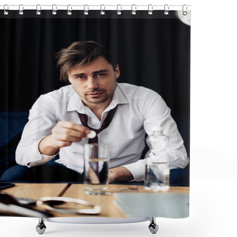 Personality  Selective Focus Of Sleepy Man Putting Aspirin Pill In Glass Of Water  Shower Curtains