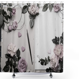 Personality  Aged Paper Sheets With Fresh Rose Flowers And Old Nib Pen Brush Shower Curtains