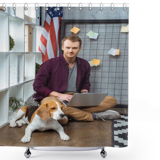 Personality  Happy Male Freelancer Working On Laptop While Beagle Sitting Near Usa Flag In Home Office  Shower Curtains