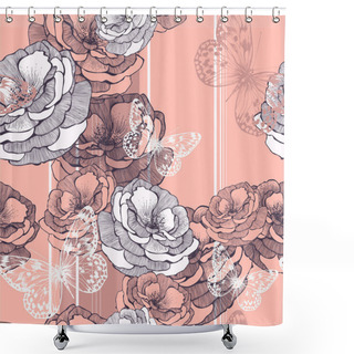 Personality  Seamless Pattern With Striped Background, Roses And Butterflies. Shower Curtains