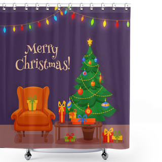 Personality  Christmas Room Interior In Colorful Cartoon Flat Style. Shower Curtains