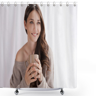 Personality  Beautiful Woman Drinking Coffee, Sitting By Window Shower Curtains