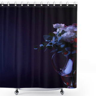 Personality  Bouquet Of Different Flowers In Glass Carafe On Dark Shower Curtains