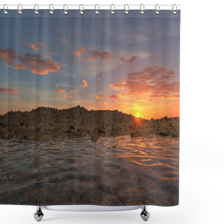 Personality  A Realistic 3D Illustration Of Mountain Range With A Calm Body Of Water. Shower Curtains