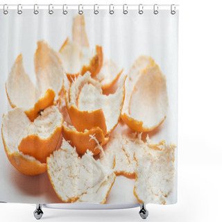 Personality  Selective Focus Of Tangerines Peel On White Background Shower Curtains
