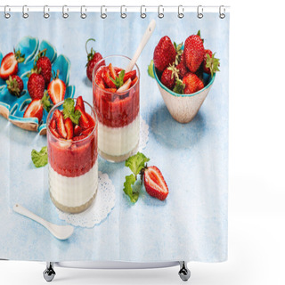 Personality  Traditional Italian Dessert Vanilla Strawberry Panna Cotta. Top View. Place For Text. Shower Curtains