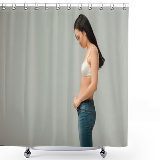 Personality  Side View Of Displeased And Overweight Asian Girl Wearing Jeans Isolated On Grey Shower Curtains