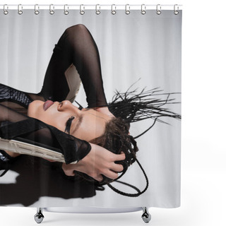 Personality  High Angle View Of Woman With Stylish Makeup And Braids Lying With Closed Eyes On Grey Background Shower Curtains