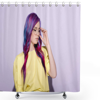 Personality  Sensual Young Woman With Colorful Hair And Stylish Eyeglasses On Pink Shower Curtains