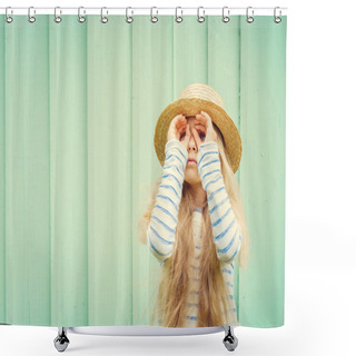 Personality  Cute Little Girl Stands Near A Turquoise Wall In Boater Hat And  Looks Invented Binoculars. Space For Text Shower Curtains