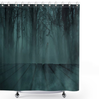 Personality  Scary Foggy Forest With Walking Dead Zombie With Red Light Eyes And Bats With Wooden Table. Space For Products And Free Copy Space For Design. Happy Halloween  Shower Curtains