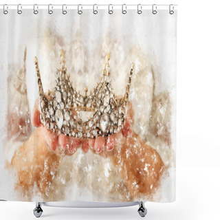 Personality  Watercolor Style Illustration Of Lady Holding Gold Crown. Fantasy Medieval Period Shower Curtains