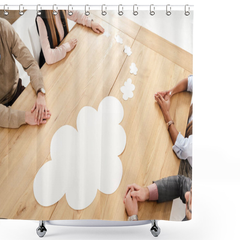 Personality  partial view of multiracial business people at wooden table with empty paper clouds, teamwork concept shower curtains