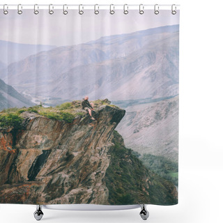 Personality  Man Sitting On Cliff And Looking At Majestic Mountains In Altai, Russia   Shower Curtains