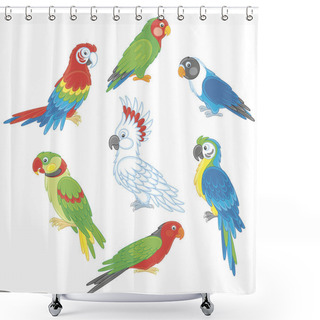 Personality  Collection Of Amusing And Colorful Tropical Parrots, Vector Illustrations In A Cartoon Style Shower Curtains
