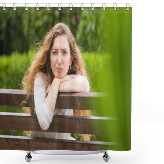 Personality  A Young Girl Sitting On A Bench Turned And Looked Ridiculously Into The Frame Shower Curtains