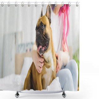 Personality  Panoramic Shot Of Woman Sitting On Bed With Cute French Bulldog At Home Shower Curtains