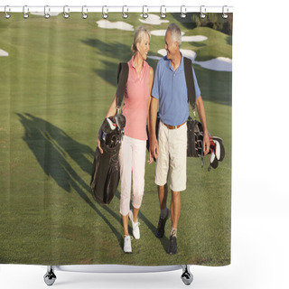 Personality  Senior Couple Walking Along Golf Course Carrying Bags Shower Curtains