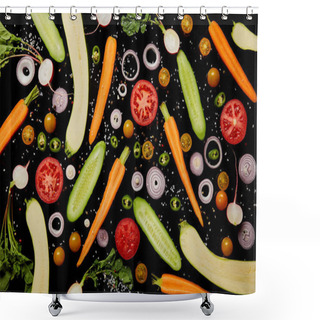 Personality  Top View Of Fresh Vegetable Slices With Salt Isolated On Black, Background Pattern Shower Curtains