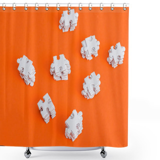 Personality  Top View Of Stacked White Puzzle Pieces On Orange Shower Curtains