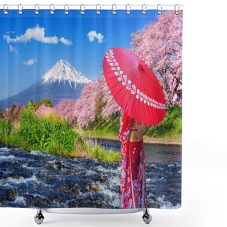 Personality  Asian Woman Wearing Japanese Traditional Kimono And Looking At Cherry Blossoms With Fuji Mountains In Shizuoka, Japan. Shower Curtains