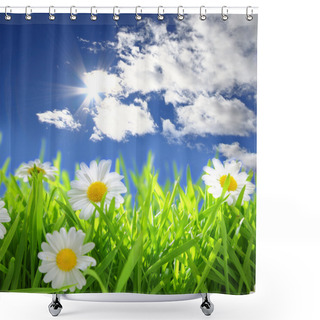 Personality  Flowers With Grassy Field On Blue Sky And Sunshine  Shower Curtains
