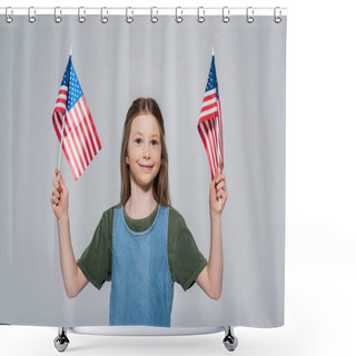 Personality  Patriotic Preteen Girl Smiling While Holding Flags Of America During Memorial Day Isolated On Grey  Shower Curtains