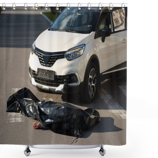 Personality  High Angle View Of Dead Body And Automobile On Road After Motor Vehicle Collision Shower Curtains