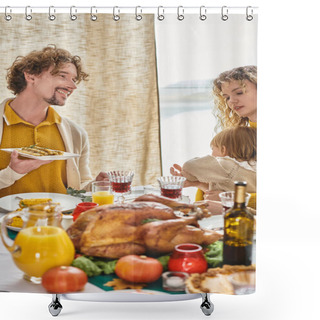 Personality  Happy Parents Celebrating Thanksgiving With Toddler Daughter, Curly Man And Woman Having Dinner Shower Curtains