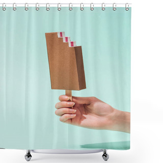 Personality  Cropped View Of Young Woman Holding Paper Ice Cream On Turquoise Shower Curtains