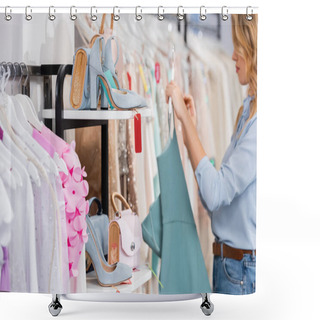 Personality  Shoes And Handbags On Shelves Near Clothes And Woman On Blurred Background In Showroom  Shower Curtains