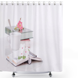 Personality  Open Book With Flowers And Coffee In The Morning. Shower Curtains