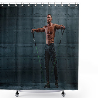 Personality  Muscular Athletic Men Exercise With Resistance Band. Copy Space Shower Curtains
