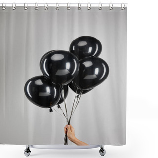 Personality  Partial View Of Woman Holding Bunch Of Black Balloons Isolated On Grey, Black Friday Concept Shower Curtains
