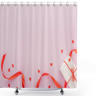 Personality  Top View Of Paper Hearts And Gift Box Isolated On Pink With Copy Space, St Valentines Day Concept Shower Curtains