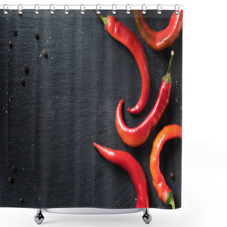 Personality  Elevated View Of Red Organic Chili Peppers On Black Surface Shower Curtains