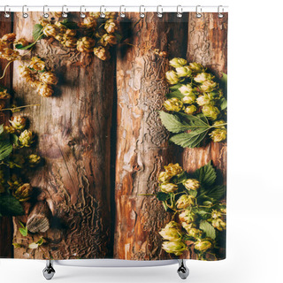 Personality  Top View Of Hops With Green Leaves On Wooden Background Shower Curtains