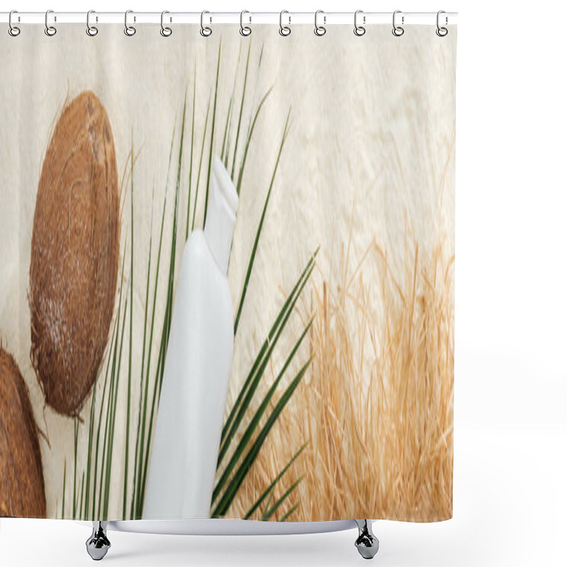 Personality  top view of palm leaf, sunscreen, coconuts and straw hat on sand, panoramic shot shower curtains