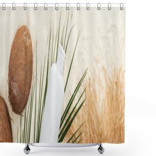 Personality  Top View Of Palm Leaf, Sunscreen, Coconuts And Straw Hat On Sand, Panoramic Shot Shower Curtains