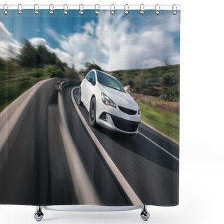 Personality  White Car Cornering In Mountain Road With Speed Blur Shower Curtains